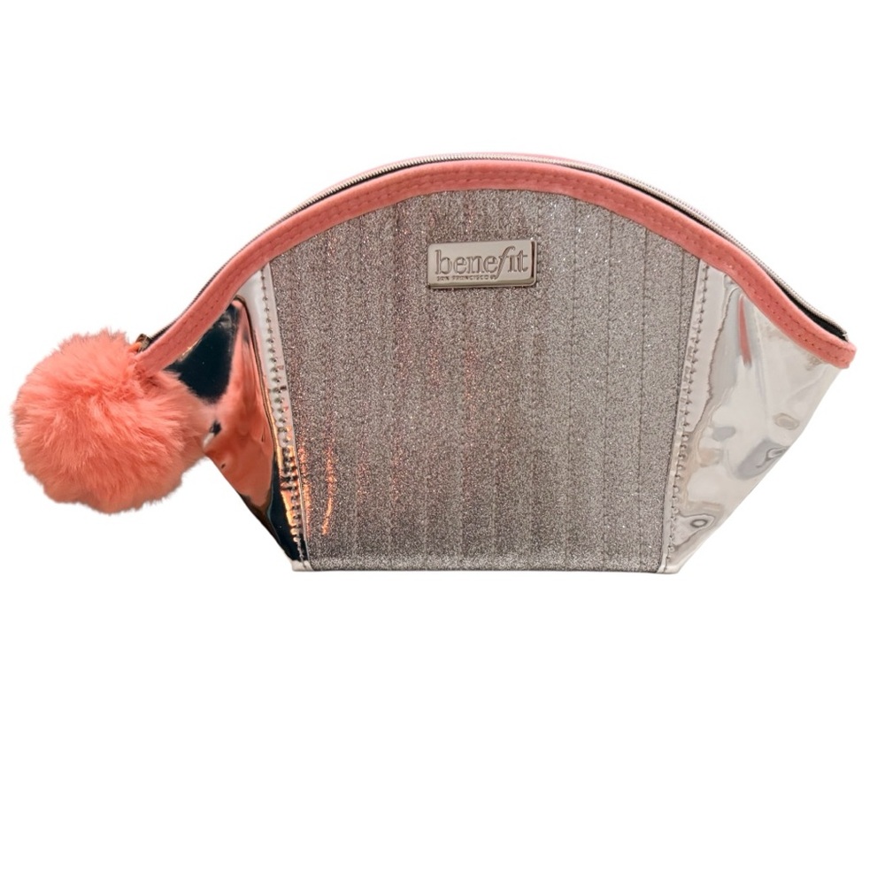 Benefit Makeup Bag Benefit Metallic Silver Cosmetic Pouch with Pink PomPom NWOT